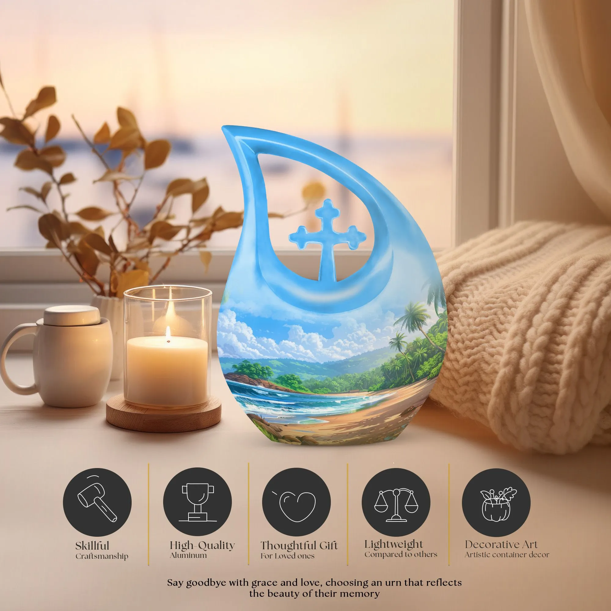Beach Urn Serenity: Human Memorial Urn with Cross Drop Feature