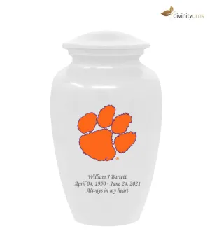 Clemson University Tigers White Urn with Orange Paw