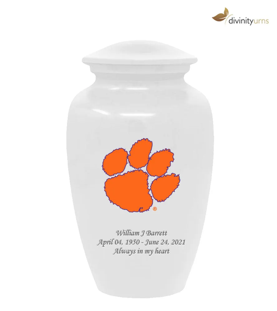 Clemson University Tigers White Urn with Orange Paw