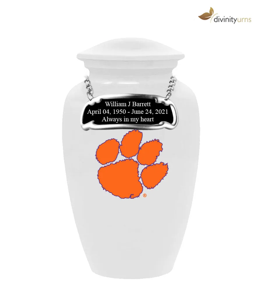 Clemson University Tigers White Urn with Orange Paw
