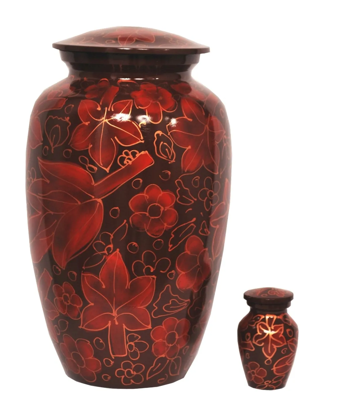 Crimson Floral Leaves Cremation Urn