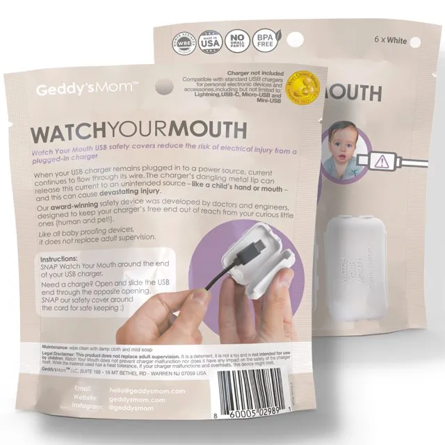 Geddy's Mom Watch Your Mouth - Baby Proofing USB Charger Safety Cover - White 6 Pack