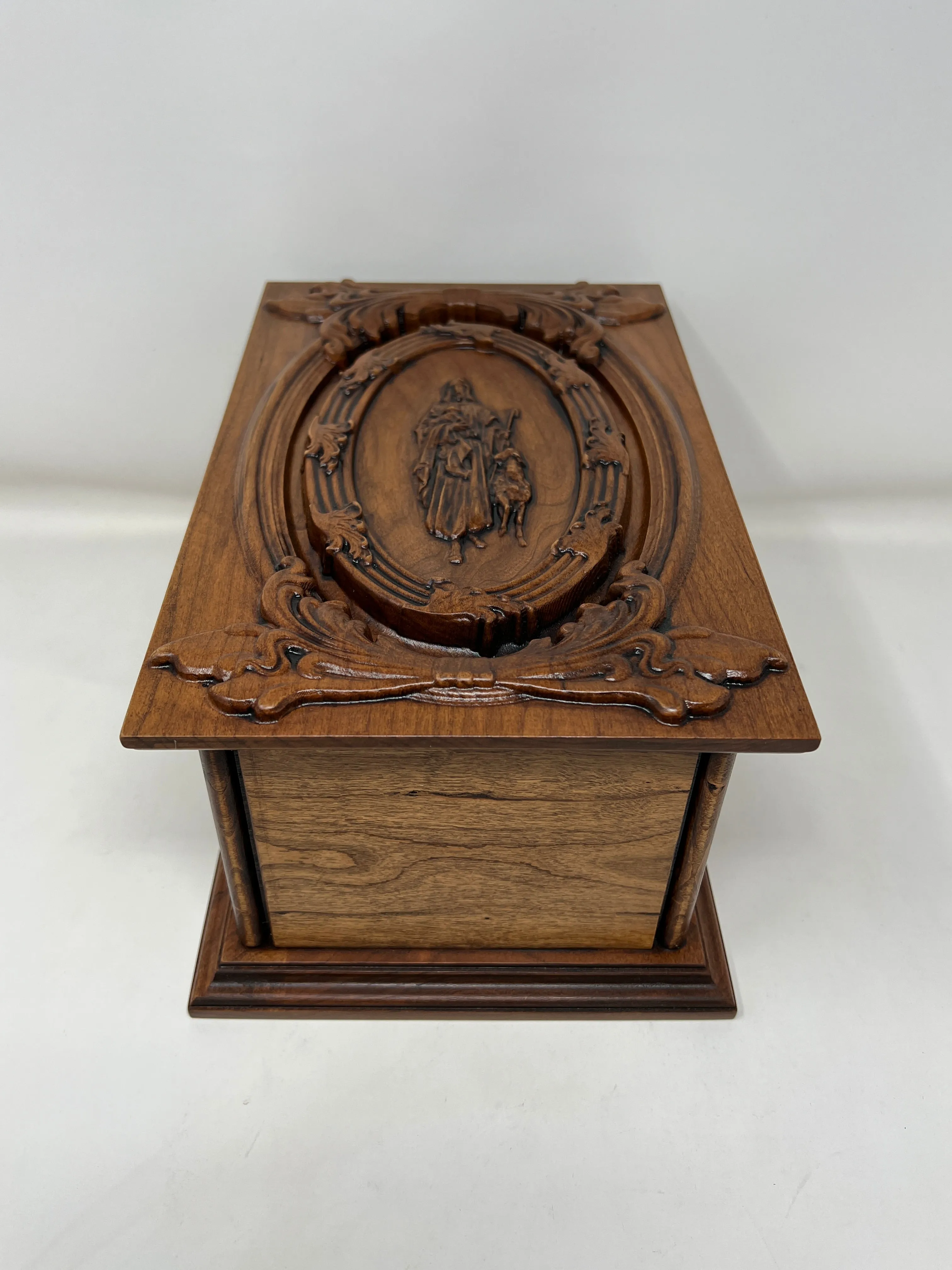 Hand-Carved Cremation Urn with Jesus Our Shepherd