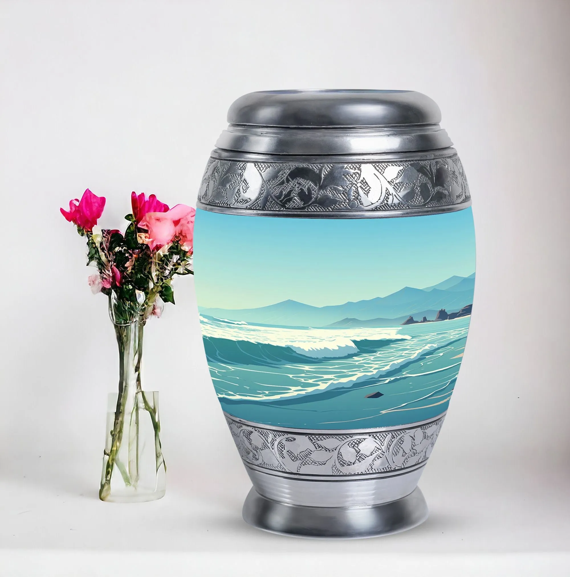 Large Monar Urn for Human Ashes With Mountain Design, Personalize Engraving
