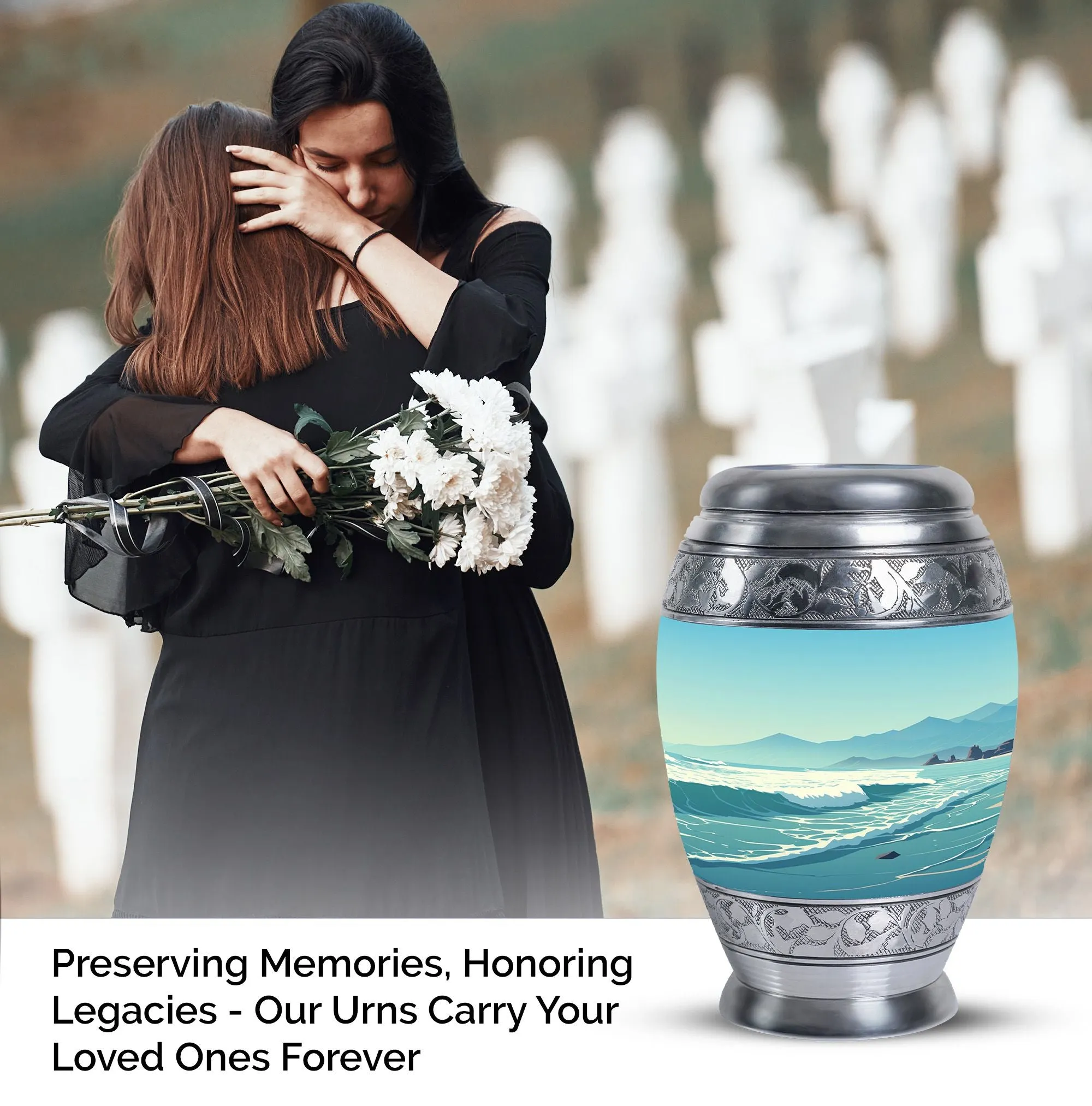 Large Monar Urn for Human Ashes With Mountain Design, Personalize Engraving