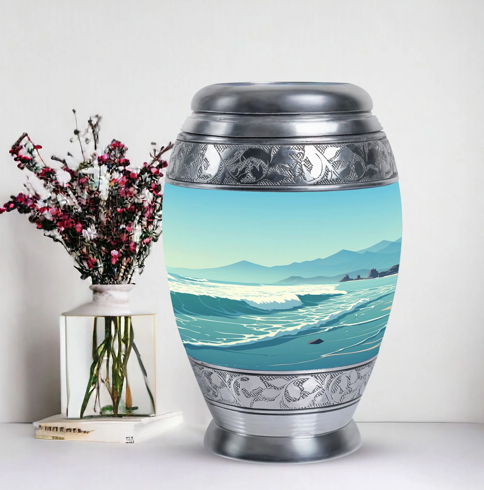 Large Monar Urn for Human Ashes With Mountain Design, Personalize Engraving