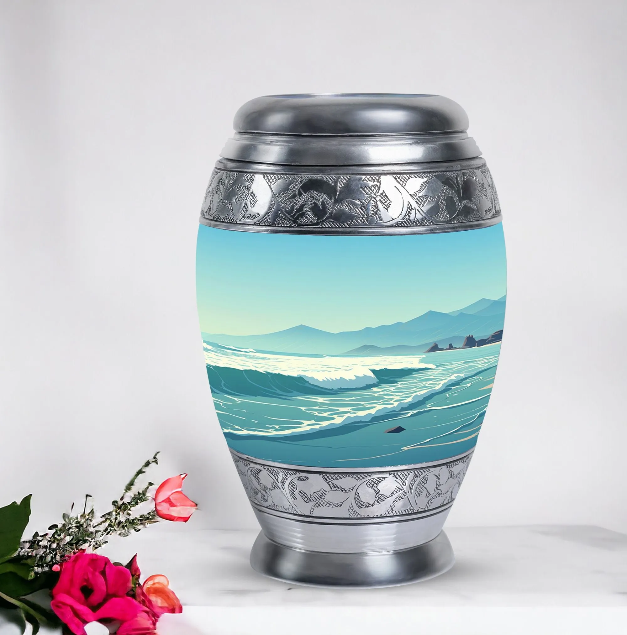 Large Monar Urn for Human Ashes With Mountain Design, Personalize Engraving