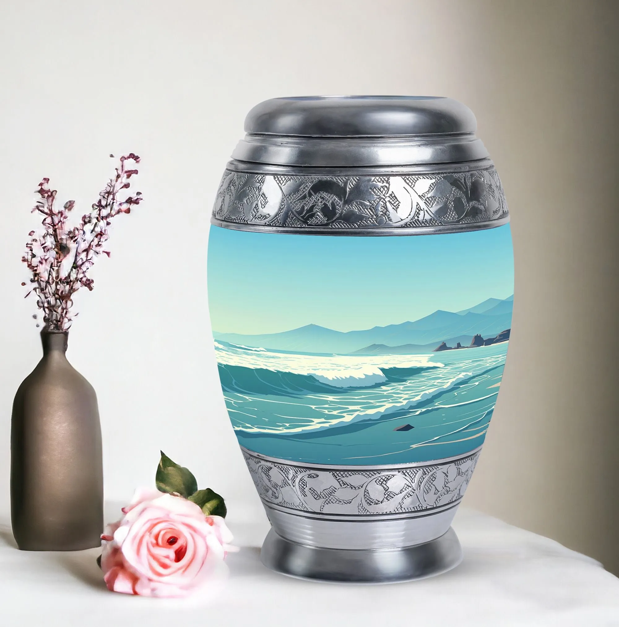 Large Monar Urn for Human Ashes With Mountain Design, Personalize Engraving