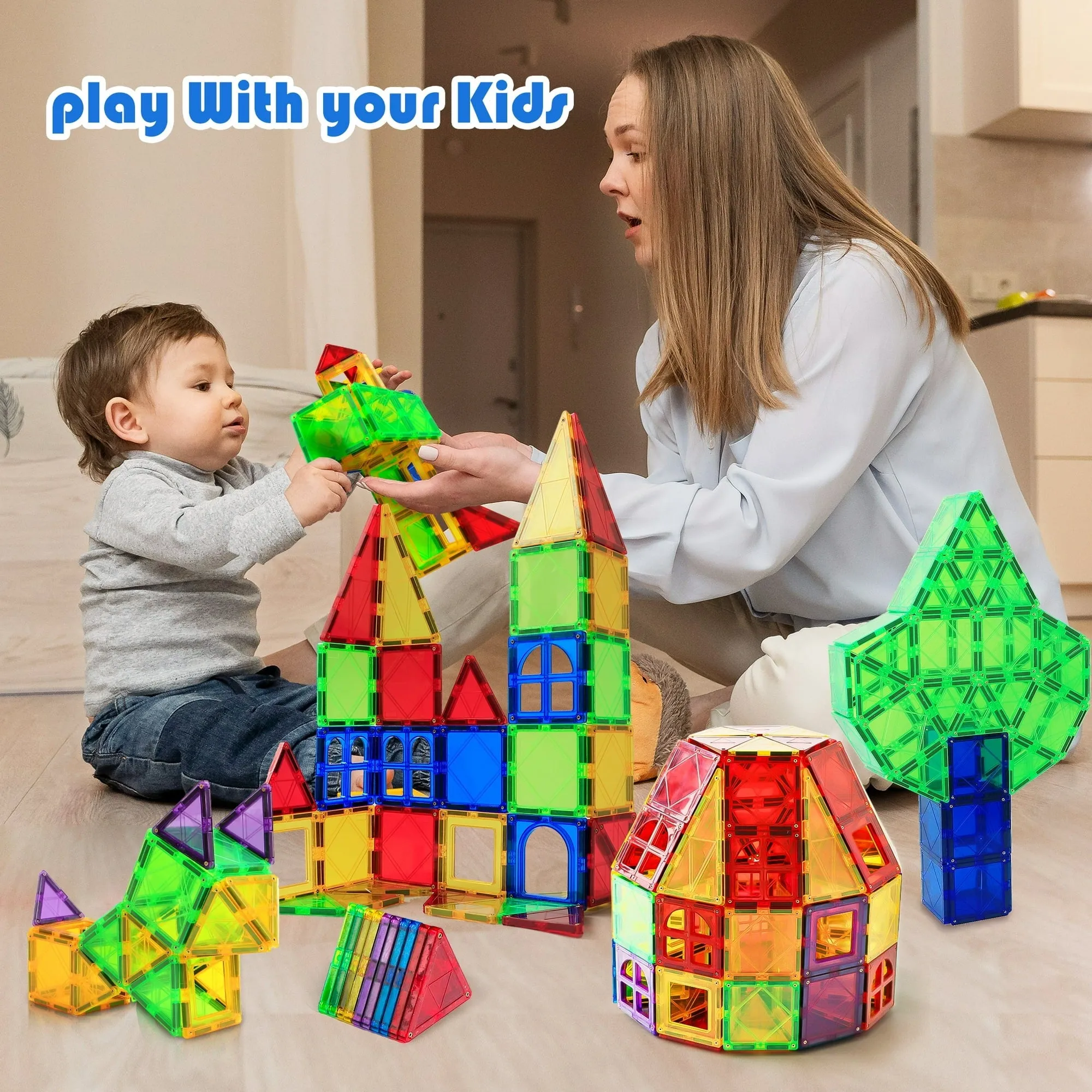Magblock MG03100WM 3D Construction Colorful Magnetic Tiles Set, 100PCS