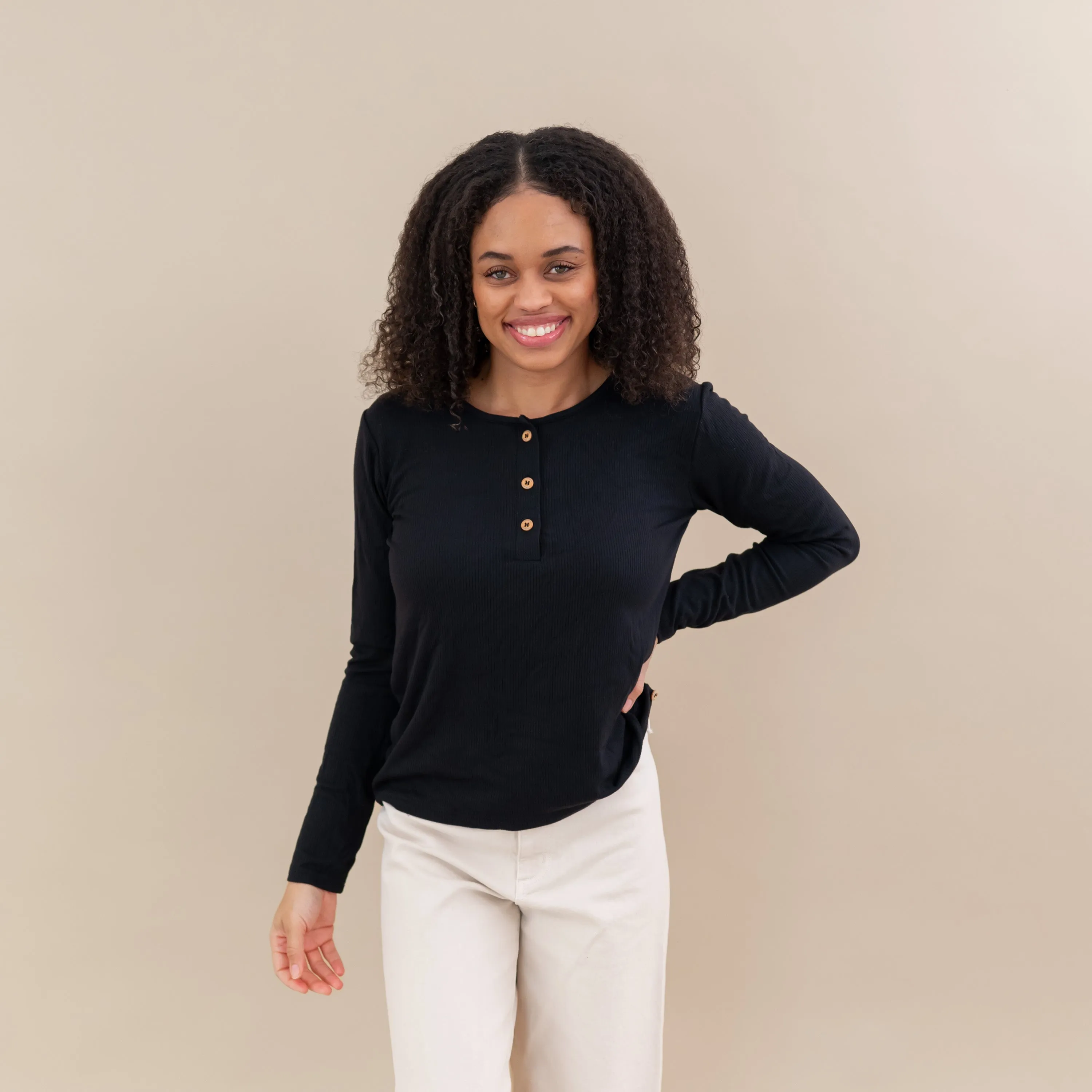 Women's Ribbed Henley Top in Midnight