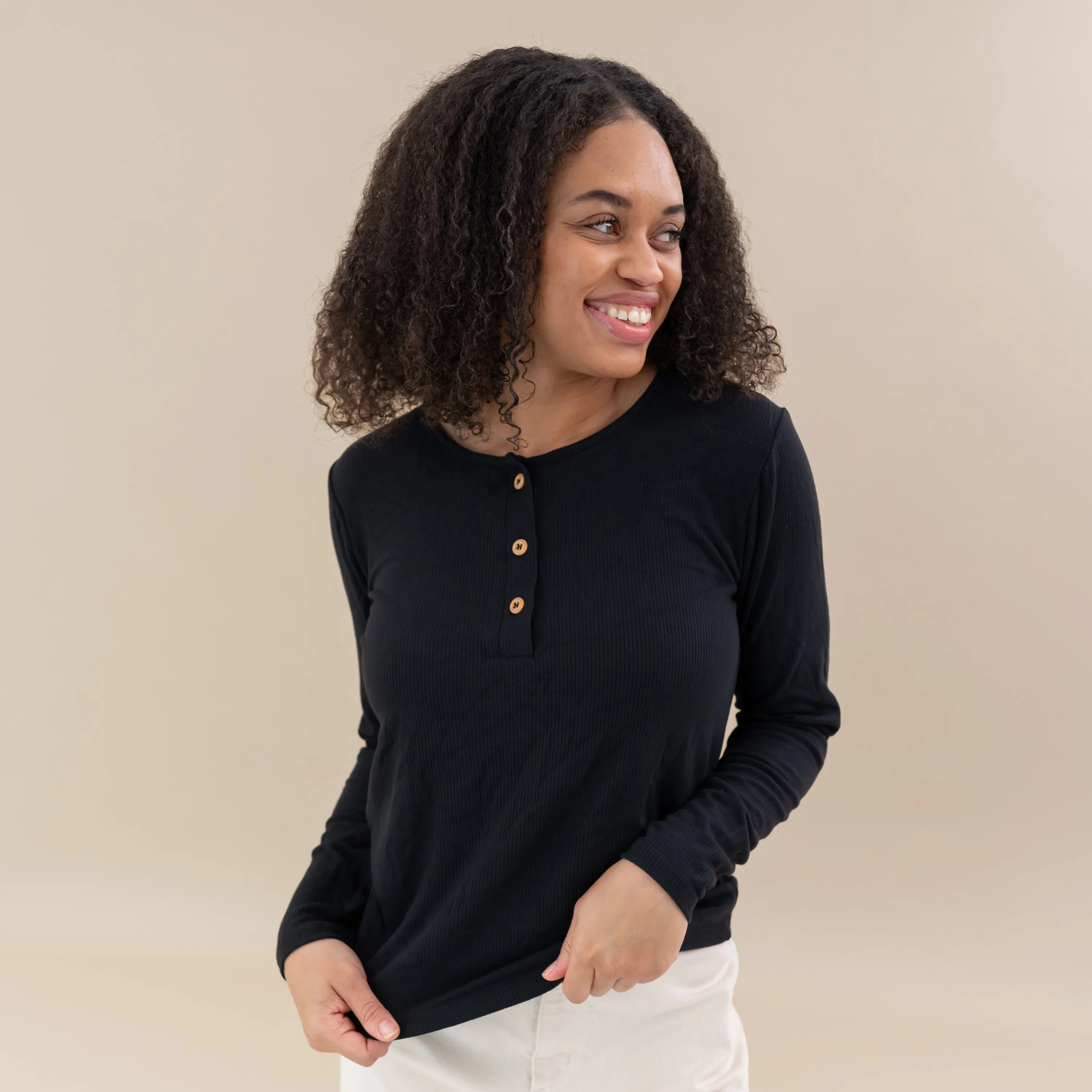 Women's Ribbed Henley Top in Midnight