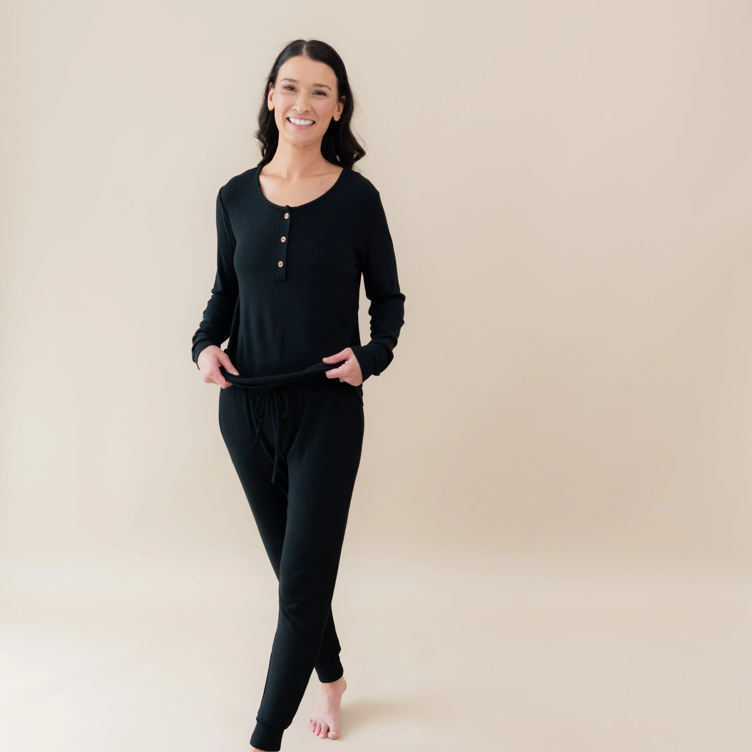 Women's Ribbed Henley Top in Midnight